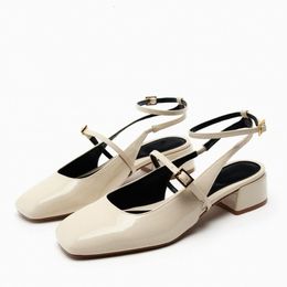 Sandalias TRAF Summer White Mary Janes Sandalias de tacón para mujer Punta cuadrada Tacón de bloque Slingbacj Zapatos Tacones de cuero negro 230824