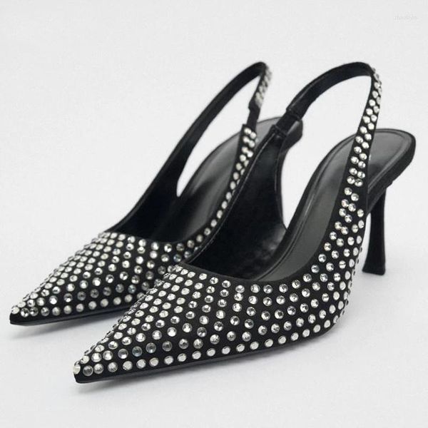 Sandalias TRAF Mujeres Negro Tacones altos Sexy Slingback Crystal Pump Zapatos Mujer Lujo Bling Ladies Punta estrecha Bombas de fiesta