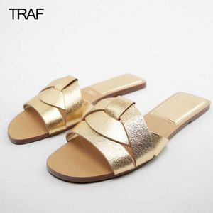 Sandalen TRAF Damessandalen Goud Platte schoenen Slippers Platte Kriskras Leren Slider Sandalen Vrouw Zomer 2022 Luxe Slingback Schoenen T230208