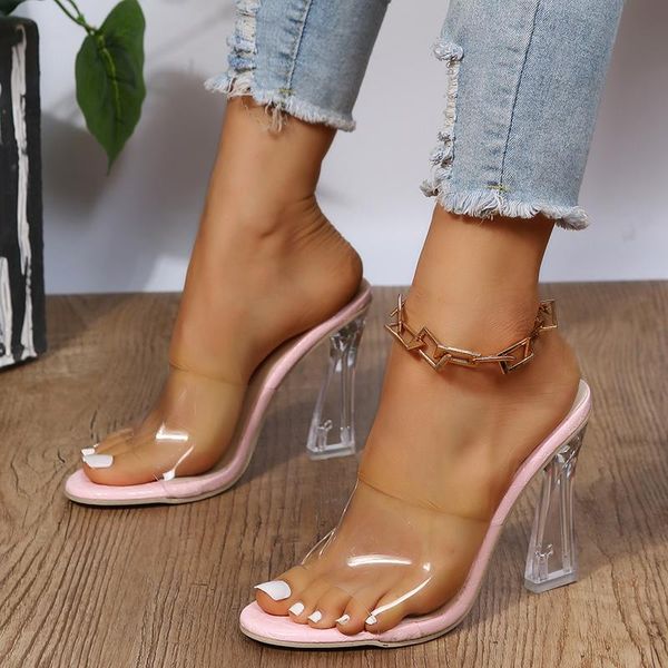 Sandalias transparentes de cristal para mujer, zapatos de tacón alto con plataforma, diseño de vestido, zapatillas transparentes para oficina, 2023