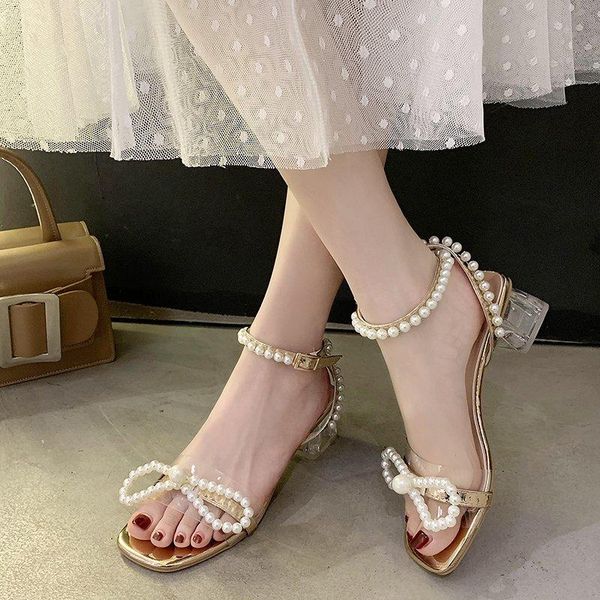 Sandales Talon Transparent Femmes Perle Arc PVC Chaussures À Bout Ouvert Robe De Soirée D'été Clair Or Argent