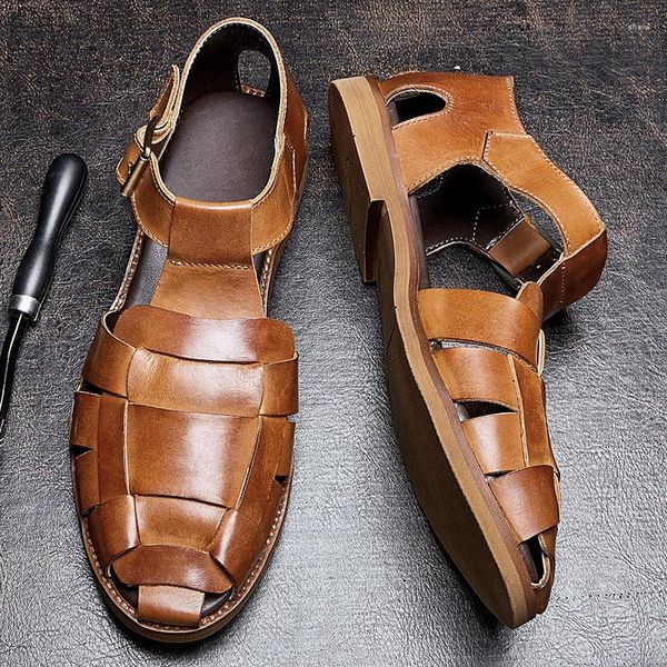 Sandales à la mode pour hommes en cuir véritable évider tissé décontracté pêcheur croix-sangle été plage chaussures homme