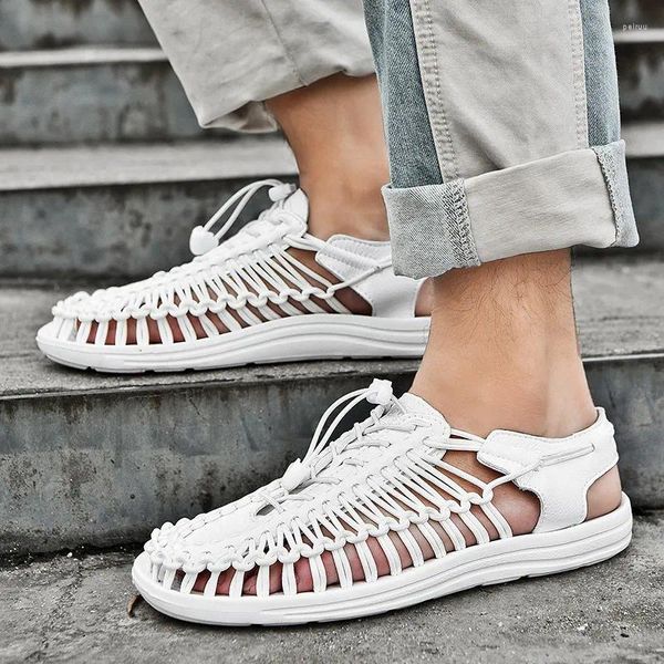 Sandales à la mode Summer Street Hommes Designer White Beach Casual Diapositives Chaussures Confortables Plat Tissé Zapatos Hombre