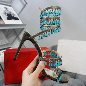 Sandalen turquoise hangerse decoratie verfraaid stiletto hakken sandalen 10 mm strass metaal pistool kleur vrouwen hoge hakken luxe ontwerpers