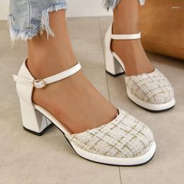 Sandalen Tweed Plaid Gecontroleerd Beige Zwart Gesloten Teen Vrouw Vierkante Hoge Hakken Mary Janes Zomer Dame Schoenen Plus Maat 46 47 48 13