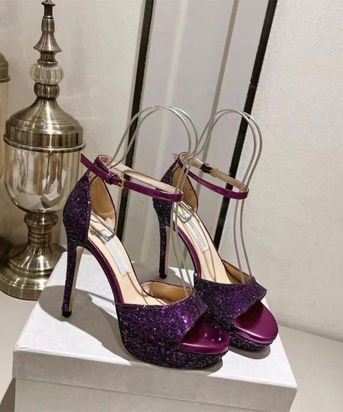 Sandales UVRCOS Bling Glitter Embelli Talon Haut Été Peep Toe Argent Bride À La Cheville Parti Chaussures De Mariage Violet Noir