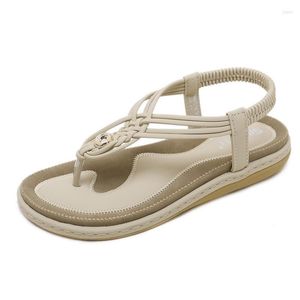 Sandales vacances plage bord de mer femmes tissé métal mode chaussures plates confortables chaussures d'été bande élastique décontracté