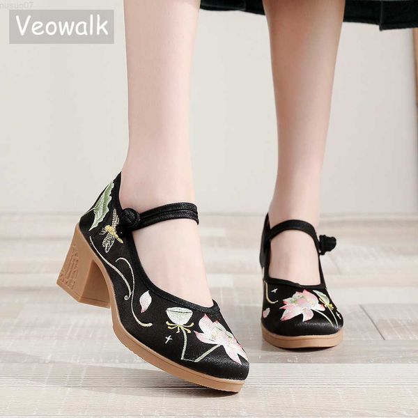 Sandales Veowalk Style Chinois Femmes 6 cm Haut Bloc Talon Satin Coton Tissu Chaussures Confortable Dames Casual Brodé Costume Pompes L230720