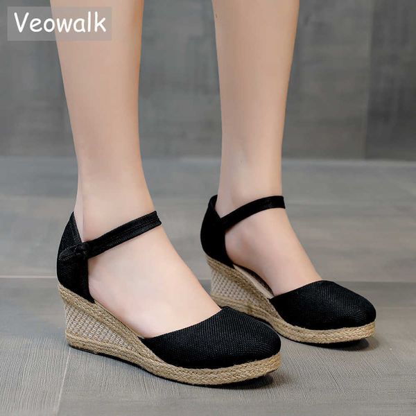 Sandalias Veowalk Summer Women Linen Plain 6cm Sandalias de cuña bohemia Damas hechas a mano informales cómodas Ambios de plataforma de alparecimiento T221209