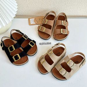 Sandales Version des enfants sandales givrées en cuir authentique bébé Open Toe Beach chaussures en bois masses de son en bois et femmes pantoufles d'été H240513