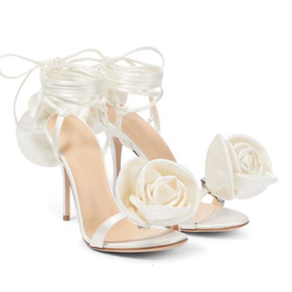 Sandales De Mariage Satin Fleur À Lacets D'été Sexy Mince Talon Haut Romain Femmes Chaussures Rouge Blanc Grande Taille 3445 230421