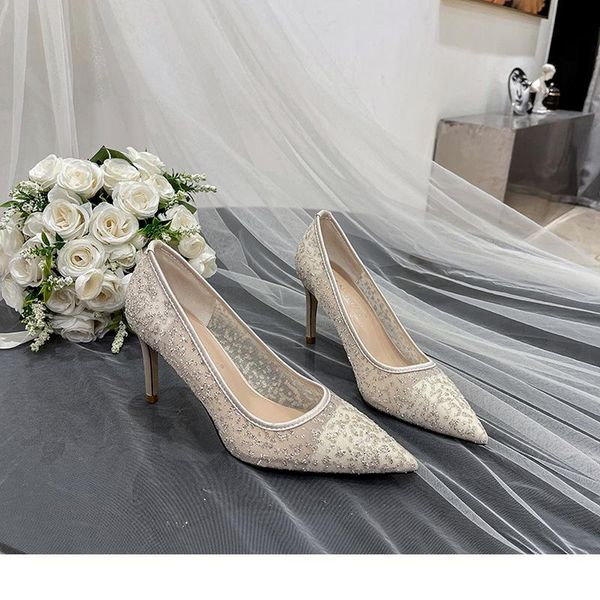 Sandalias Zapatos de boda Mujer 2023 Malla Lentejuelas Vestido Dama de honor Encaje Tamaño 33-41 Banquete Tacones altos