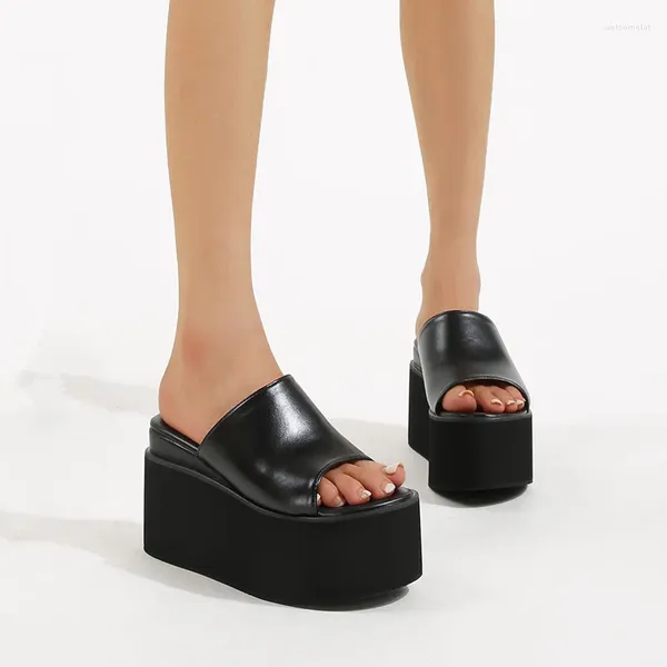 Sandales compensées à plateforme, pantoufles à talons hauts de 10cm, taille Large35-43, été blanc noir, bout ouvert pour femmes