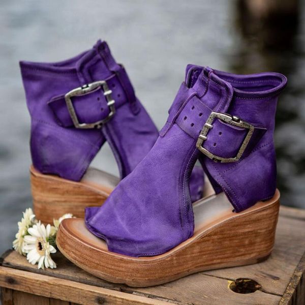 Sandales compensées été femmes chaussures rétro Peep Toe plate-forme en cuir PU fermeture éclair fond épais dames 2023