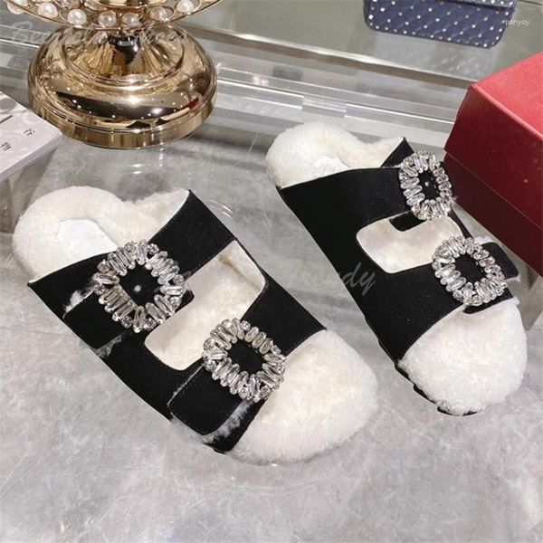 Sandalias de piel blanca con hebilla de cristal, zapatillas de invierno para mujer, informales, de ante negro, punta redonda, marrón, resbalón abierto, zapatos con cuentas y cordones con volantes