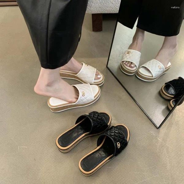 Sandalias Zapatillas de tacón blanco Diseñador negro Plataforma tejida de paja Tacones altos Zapatos de verano Casual Playa Vrouwen