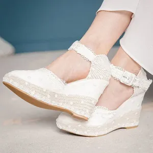 Sandalen witte kanten bruids enkelband stip net platform wiggen rond teen mode dames casual kleding schoenen zomer
