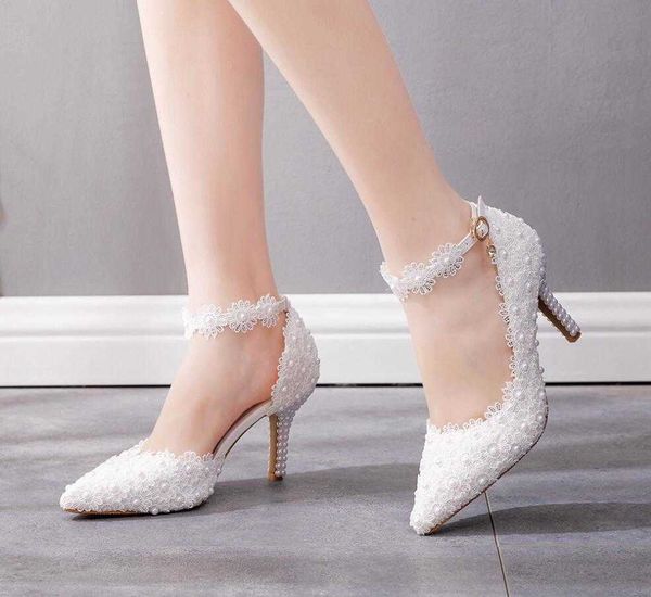 Sandalias Tacones de encaje blanco Zapatos de boda Zapatos de fiesta nupcial Zapatos de tacón alto para mujer Zapatos de novia de talla grande 34-41 G230211