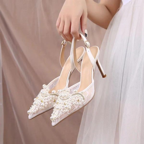 Sandalias Zapatos de boda blancos Encaje Dulce Tacones altos Perla Tacón fino Tacón extragrande Mujer