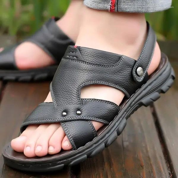 Sandales Wholl Brand Summer Men Chaussures 2024 Véritable cuir en cuir extérieur Plans de plage homme plus taille 38-47