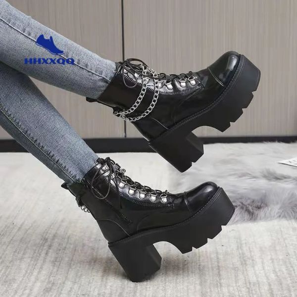Sandales Winter Gothic Punk Womens Platform Boots Boots Black Strap Zipper Creeper Corneaux Chaussures Milieu Médin Military Boots Femme