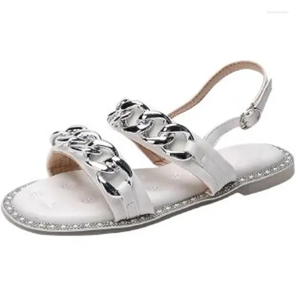 Sandalias Mujer 2023 Señoras Pisos Open Toe Casual Moda Romana Zapatos femeninos para mujeres Metal Caucho