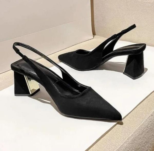 Sandalias Mujer Tacón grueso Slingback Mules Casual Puntiagudo Boca baja Tacones Vintage Negro Oficina Zapatos altos Mujer