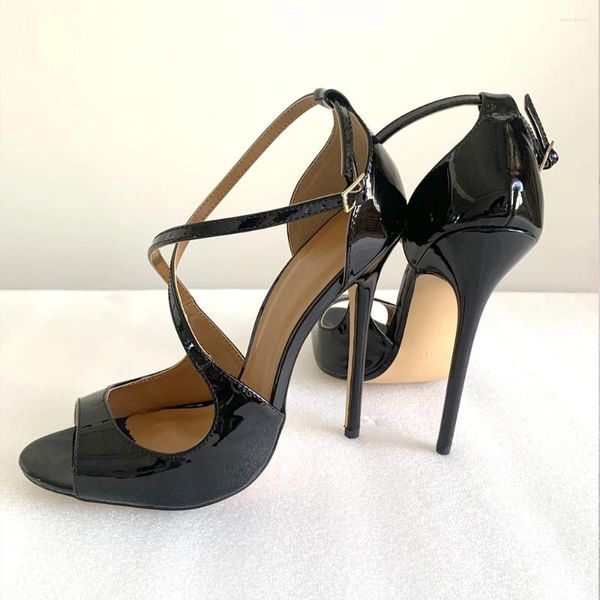 Sandalias Mujer Cruz 13-15 cm Tamaño grande 48 Tacones altos Punta abierta Zapatos de tacón de aguja de charol para mujer Sandalias Estilo romano