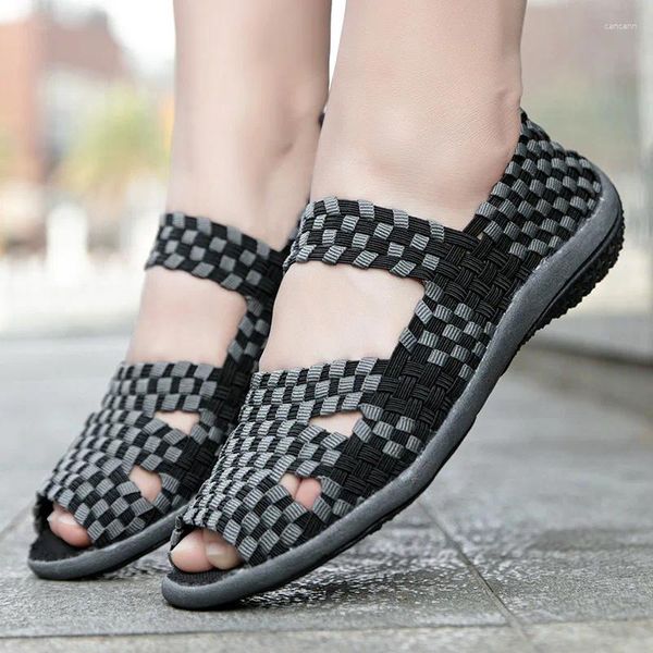 Sandalias Mujer Banda elástica Damas Weave Flats Mujeres Mujeres Mezclas Mujeres femeninos Peep Toe Fashion Shoes Footwear