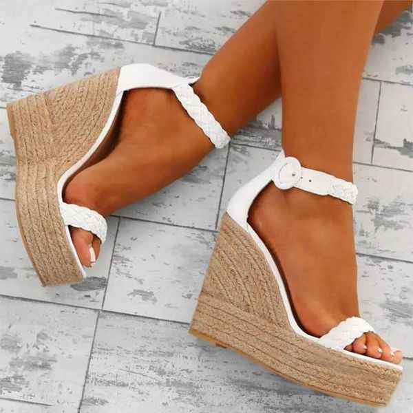 Sandalias Mujer Verano Sexy Plataforma De Cuña Señoras Tacones Altos Zapatos Mujer Moda Hebilla De Paja Punta Abierta Casual Calzado Femenino