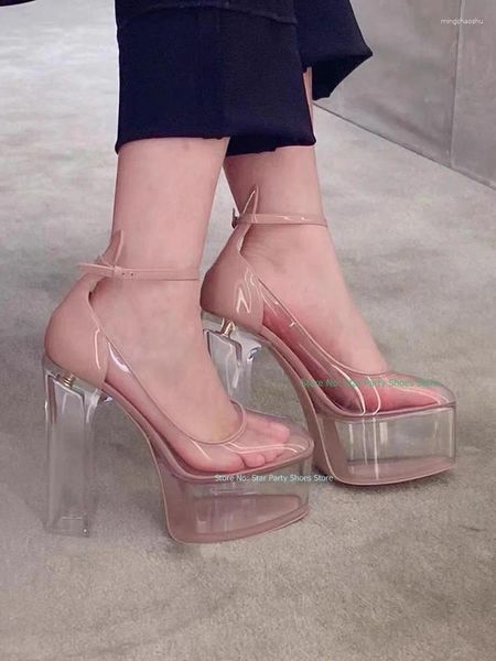 Sandales femme Transparent carré talon haut dame plate-forme boucle bride à la cheville été chaussures à bout ouvert