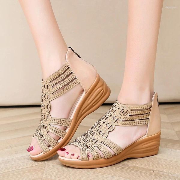 Sandales femme Rome évider femme Bling Cyrstal élégant dames chaussures zippées femmes mode compensées Peep Toe chaussures