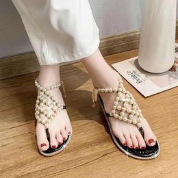 Sandals Women 2023 Pearls Elegant Summer All-Match Flat with Thong Sandal Fashion encantadora y dulce versión coreana sólida