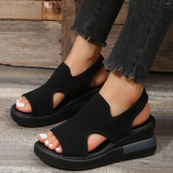 Sandales d'été confortables pour femmes, solides, respirantes, maille tricotée, talon compensé épais, chaussures d'extérieur, 2023