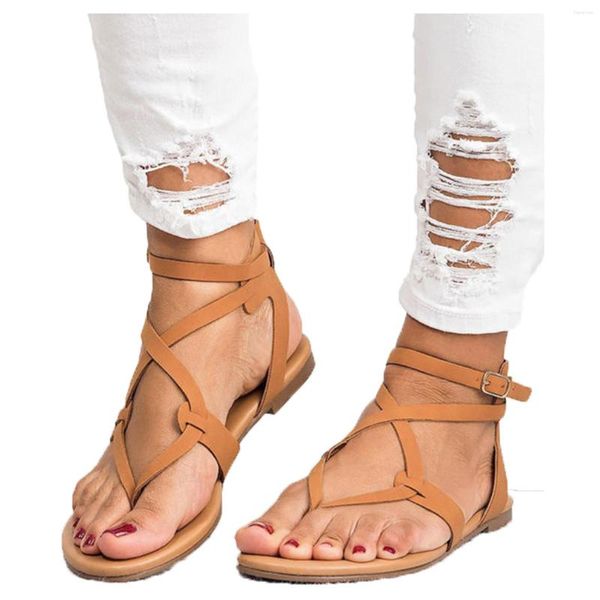 Sandales femmes 2023 été croix sangle string décontracté chaussures de plage couleurs unies en cuir PU plat femme tongs # g5