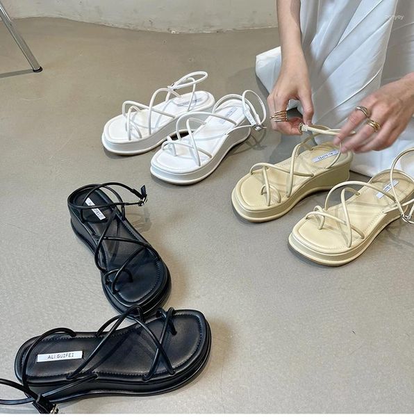 Sandales à talons compensés pour femmes, chaussures d'été élégantes, plateforme, lanière à la cheville, gladiateur, 2023
