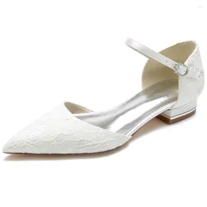 Sandalias Mujer 2 cm Tacón plano Punta puntiaguda Cara de encaje Boda Novia Dama de honor Blanco Marfil Negro Pesado Azul Champán Zapatos Vestido