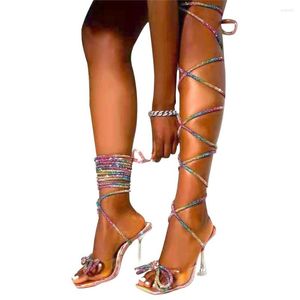 Sandales femmes diamant cristal talons brillant femmes 2023 chaussures de mode argent Sexy bout ouvert strass croix cravate