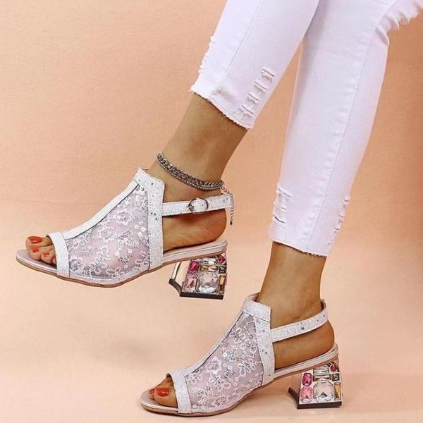 Sandales femmes strass 2023 été creux dentelle mode poisson bouche chaussures bijoux décoratif mi talon