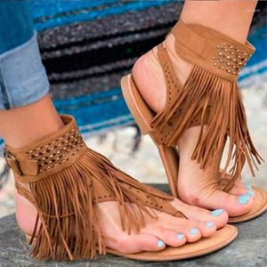 Sandals dames kwastje teen platte dames strass summer rome vintage casual mode schoenen voor vrouwelijk 2022