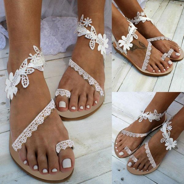 Sandales Femme Blanc Anneau Toe Floral Pour Femme Taille Habillée Avec Arch Support Slides Réglable