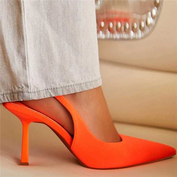 Sandales Femmes 9 cm Talons Hauts Escarpins Néon Orange Vert Sandales Dame Slingback Mules Bout Pointu Mi Talons Fête Fétiche Bal Chaussures De Mariage J240125