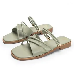 Sandalen Dames Kunstleer Effen Kleur Zwart Groen Abrikoos Zomer Schoenen Voor Open Teen Platte Hak Maat 35-43 Geen Rug Slippers