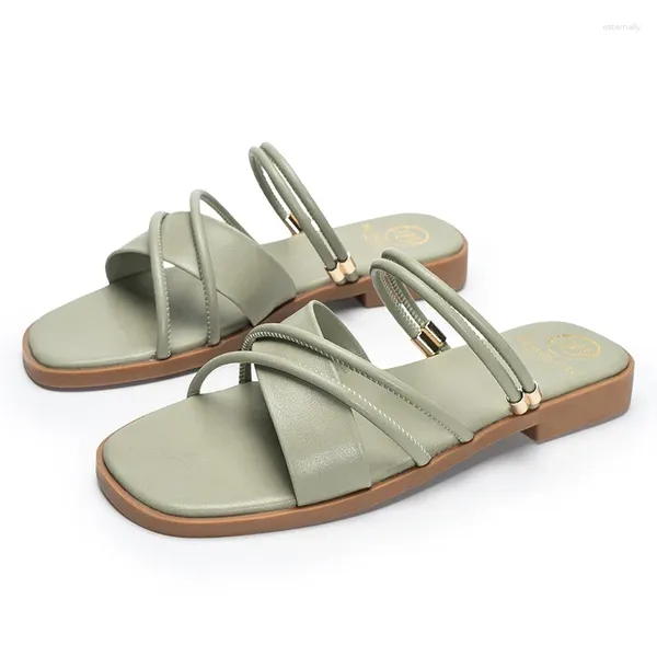 Sandalias Mujer Cuero artificial Color sólido Negro Verde Albaricoque Zapatos de verano para punta abierta Tacón plano Tamaño 35-43 Sin zapatillas traseras