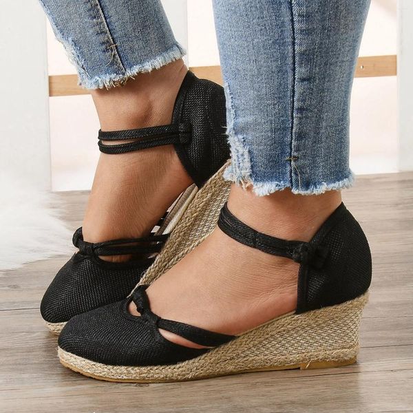 Sandalias Mujer Hebilla Plataforma Cuña Moda Versátil Trenzado Transpirable Playa Tejido Paja Zapatos Mujer Calzado