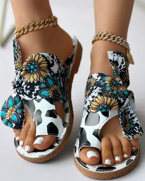 Sandales femmes décontracté mode été chaussures plates vêtements quotidiens tournesol vache imprimer attaché détail orteil anneau pantoufles sandales 230719