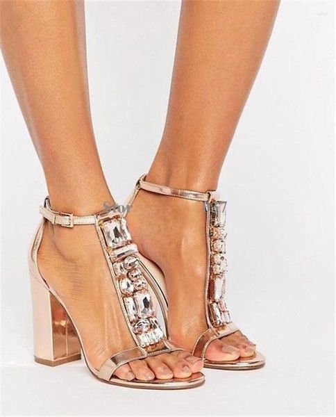 Sandalias Mujer Champagne Gold Tacón grueso Con cuentas Zapatos de vestir de perlas de lujo Correa de barra en T de cristal brillante Bombas gruesas