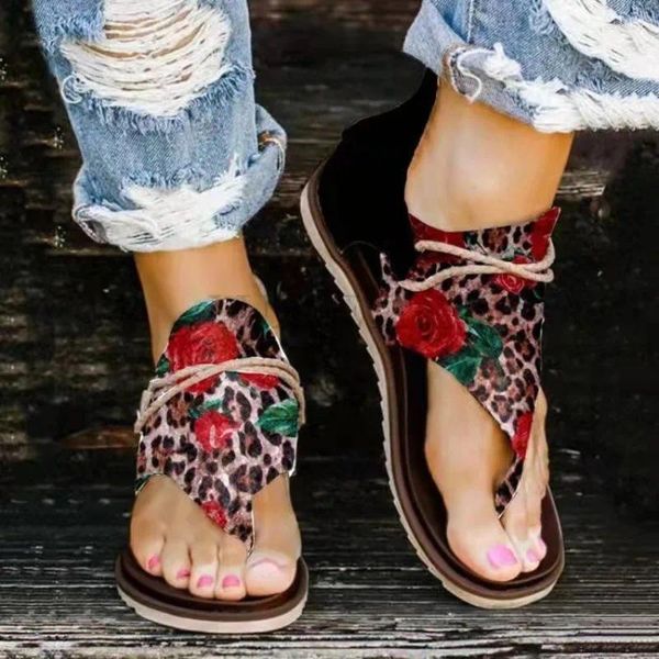 Sandalias Mujer Clip En Malla De Fondo Plano Estilo Romano Línea T Con Estampado De Leopardo Zapatos Casuales Versátiles De Moda