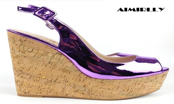 Sandalias Mujeres cuña de corcho Summer Slingback Metallic Metallic Peep Toe Plataforma Tallones altos zapatos Partido de damas Tacones cómodos11642097