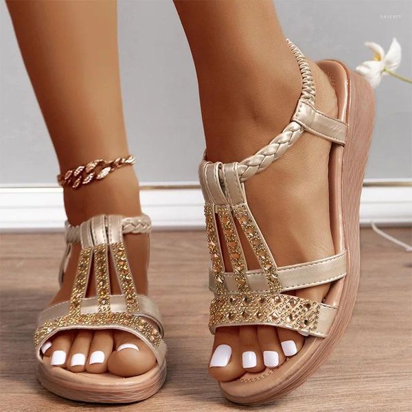 Sandalias Mujer Crystal Luxury Cuñas Zapatos de plataforma Tacones medios Vestido Zapatillas de verano 2024 Bombas de diseñador Zapatos de playa para mujer